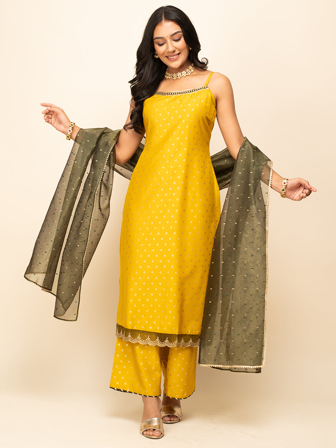 FIORRA Women's Yellow Silk Blend Straight Kurta With Palazzo And Dupatta