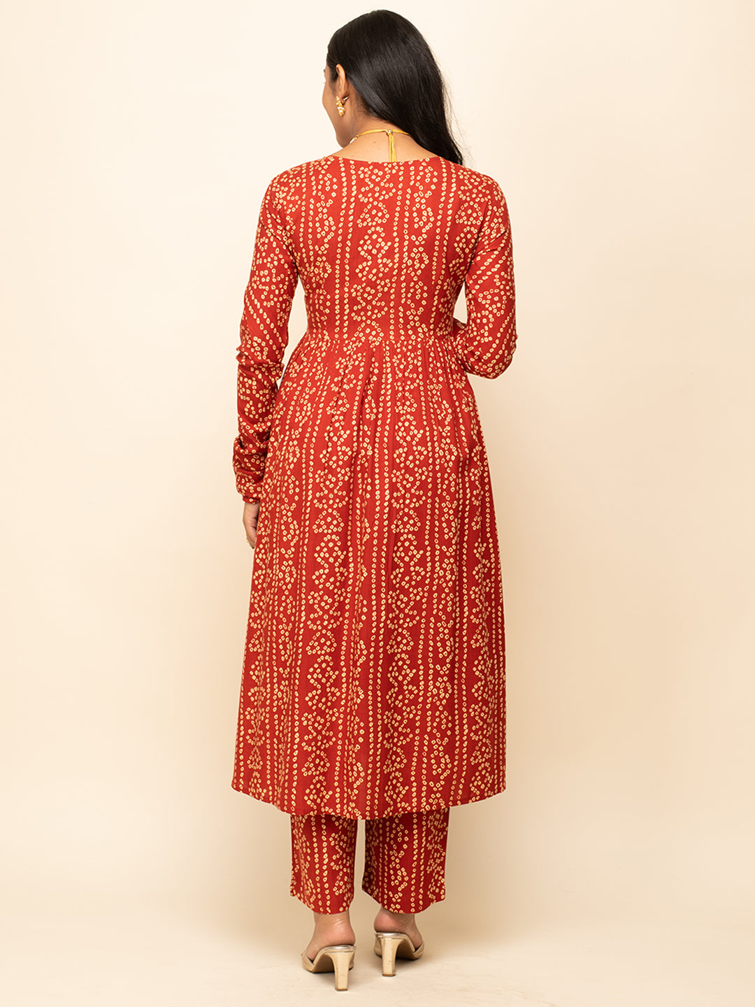 FIORRA Women's Red Cotton A-Line Kurta With Pant And Dupatta