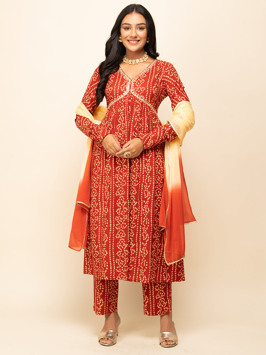 FIORRA Women's Red Cotton A-Line Kurta With Pant And Dupatta