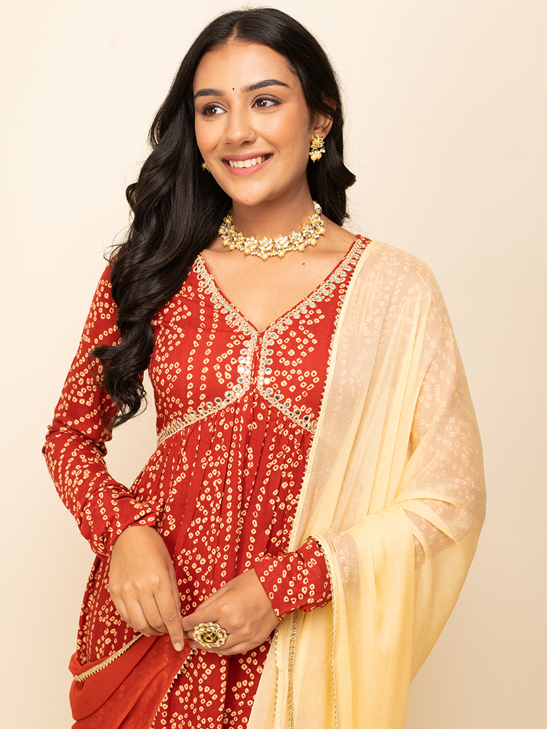 FIORRA Women's Red Cotton A-Line Kurta With Pant And Dupatta