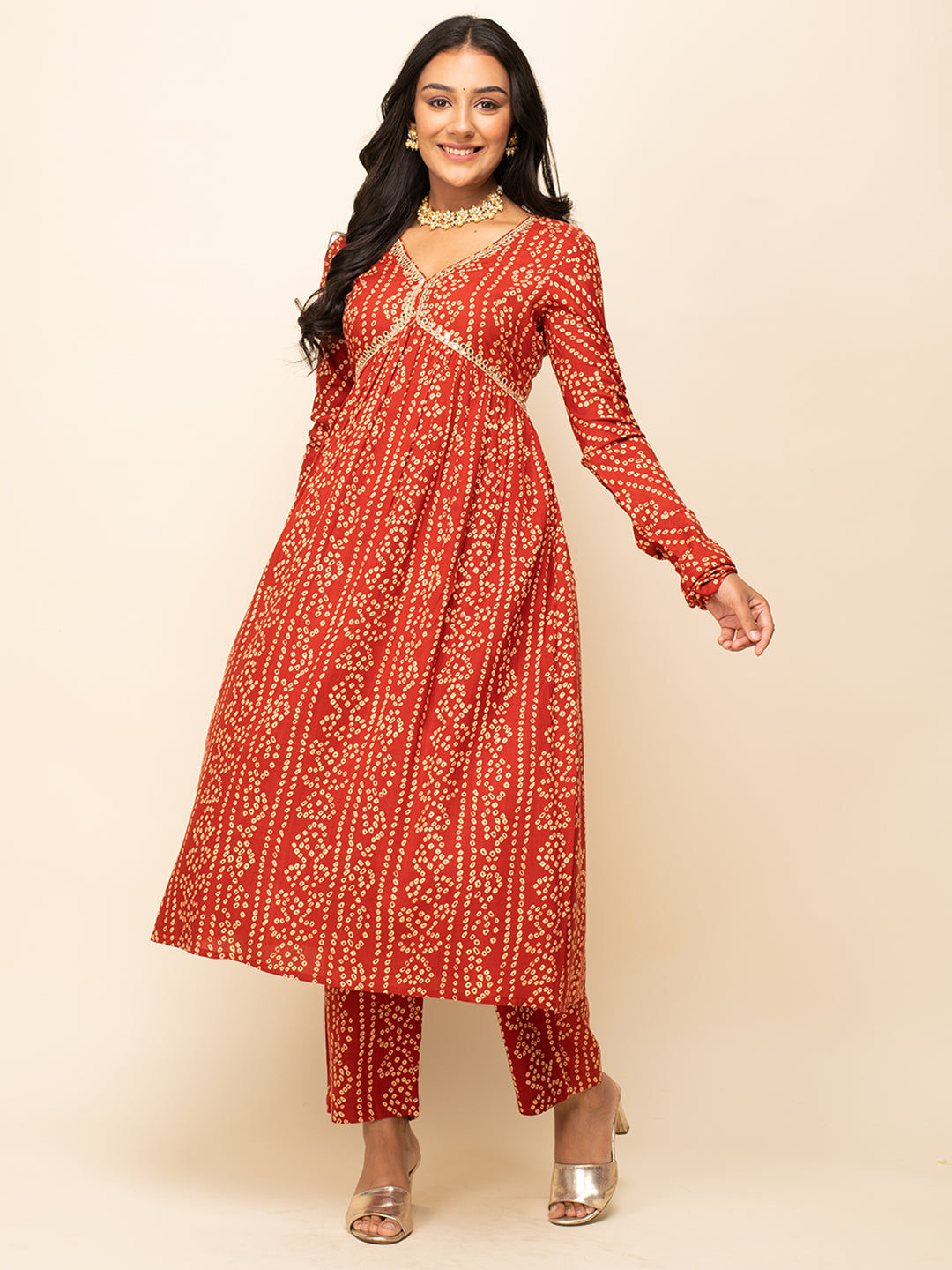 FIORRA Women's Red Cotton A-Line Kurta With Pant And Dupatta