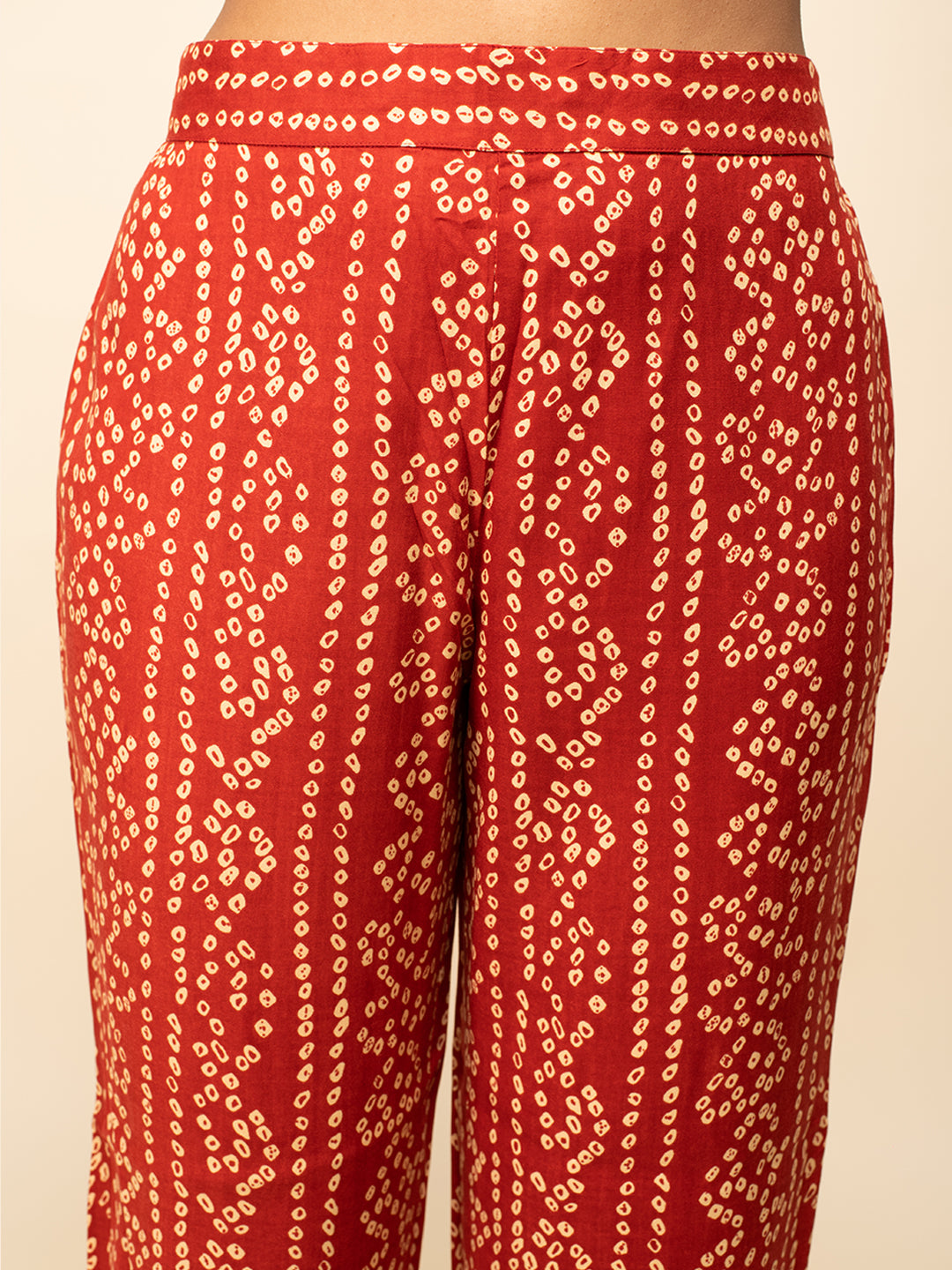 FIORRA Women's Red Cotton A-Line Kurta With Pant And Dupatta