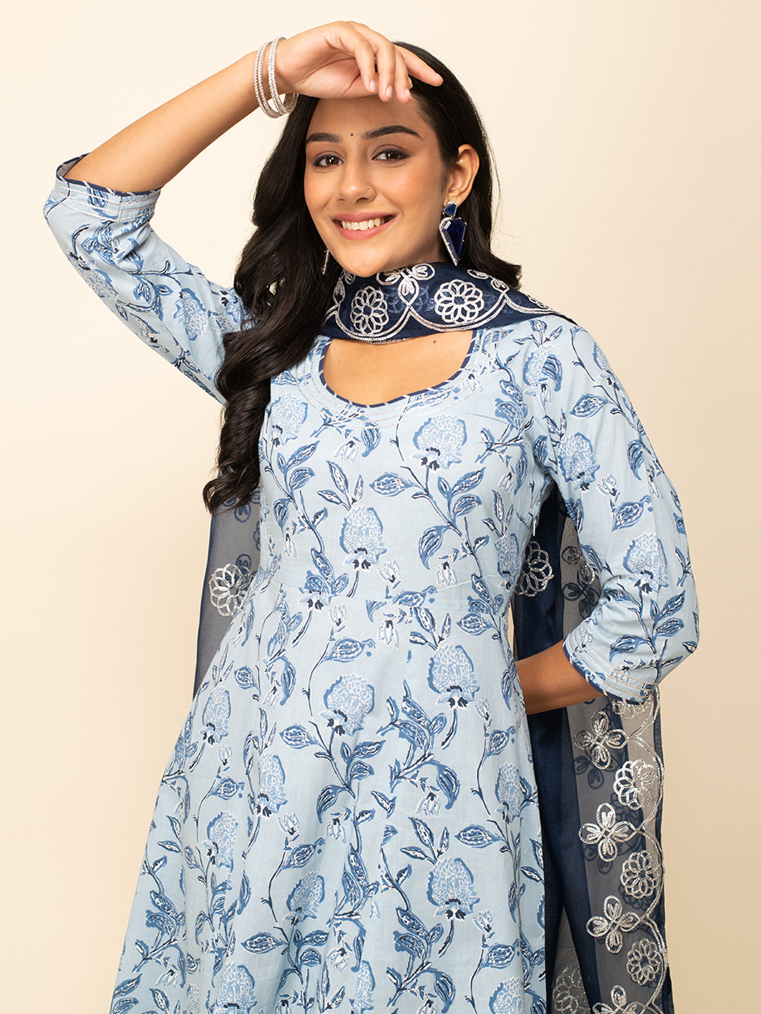 FIORRA Women's Light blue Cotton Flared Kurta Pant with Dupatta