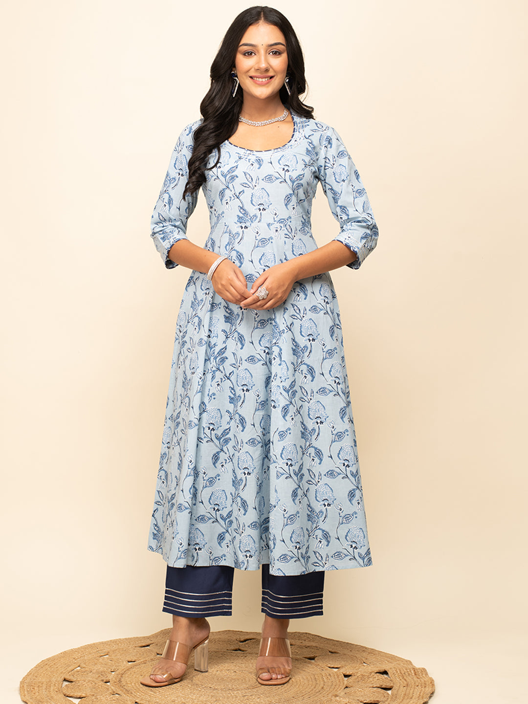 FIORRA Women's Light blue Cotton Flared Kurta Pant with Dupatta