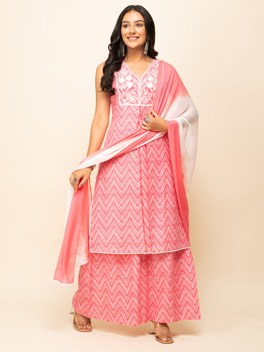 FIORRA Women's Peach Cotton Straight Kurta With Palazzo And Dupatta