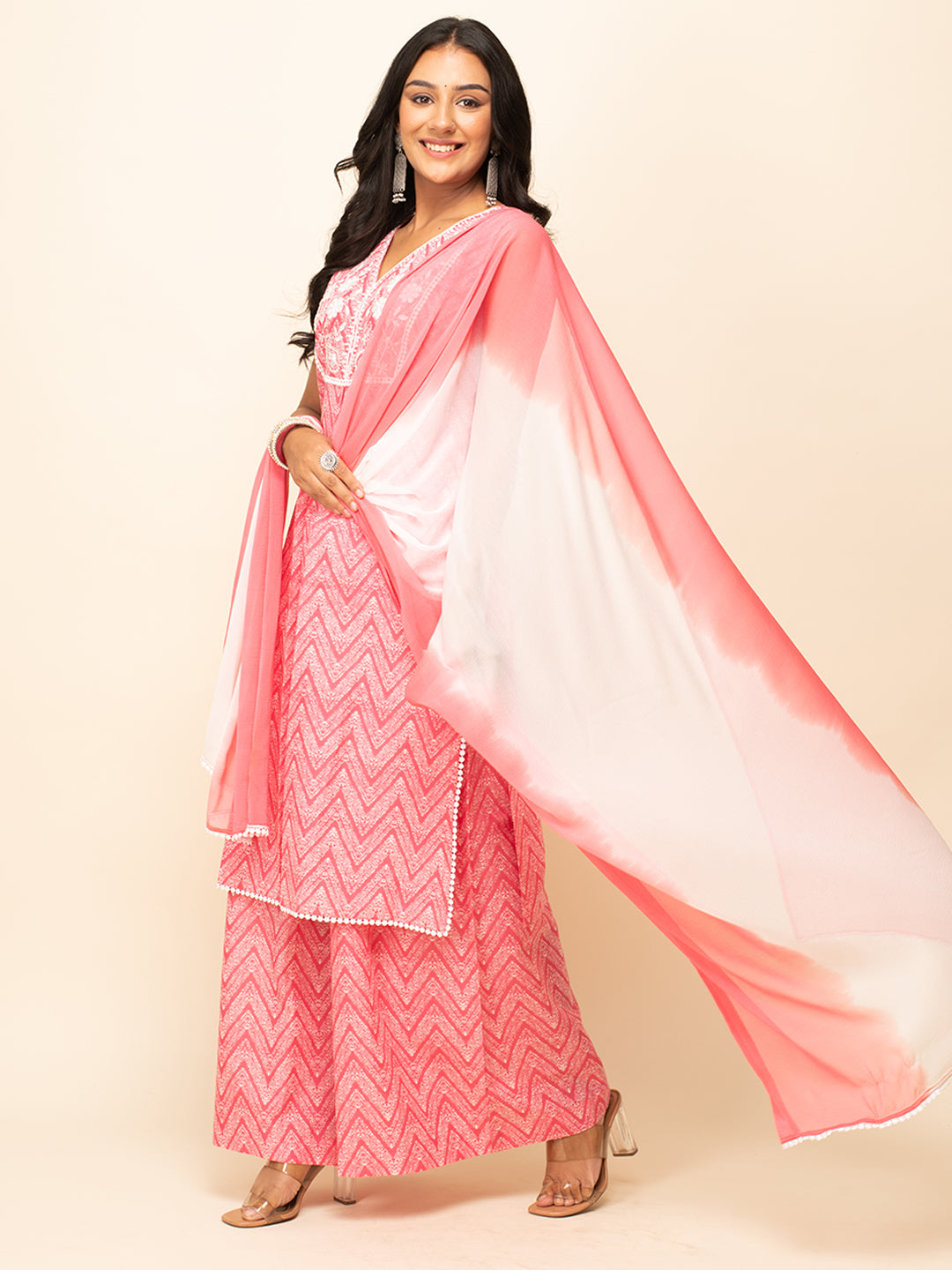 FIORRA Women's Peach Cotton Straight Kurta With Palazzo And Dupatta