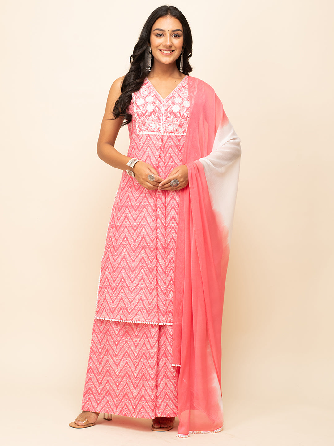 FIORRA Women's Peach Cotton Straight Kurta With Palazzo And Dupatta