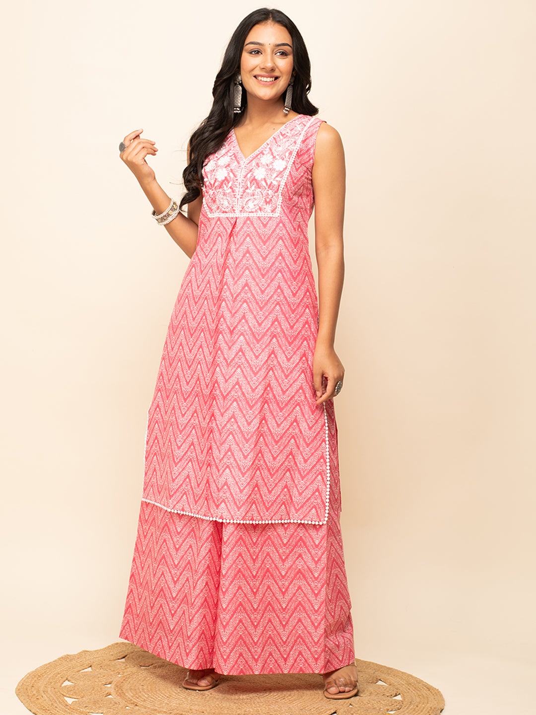 FIORRA Women's Peach Cotton Straight Kurta With Palazzo And Dupatta