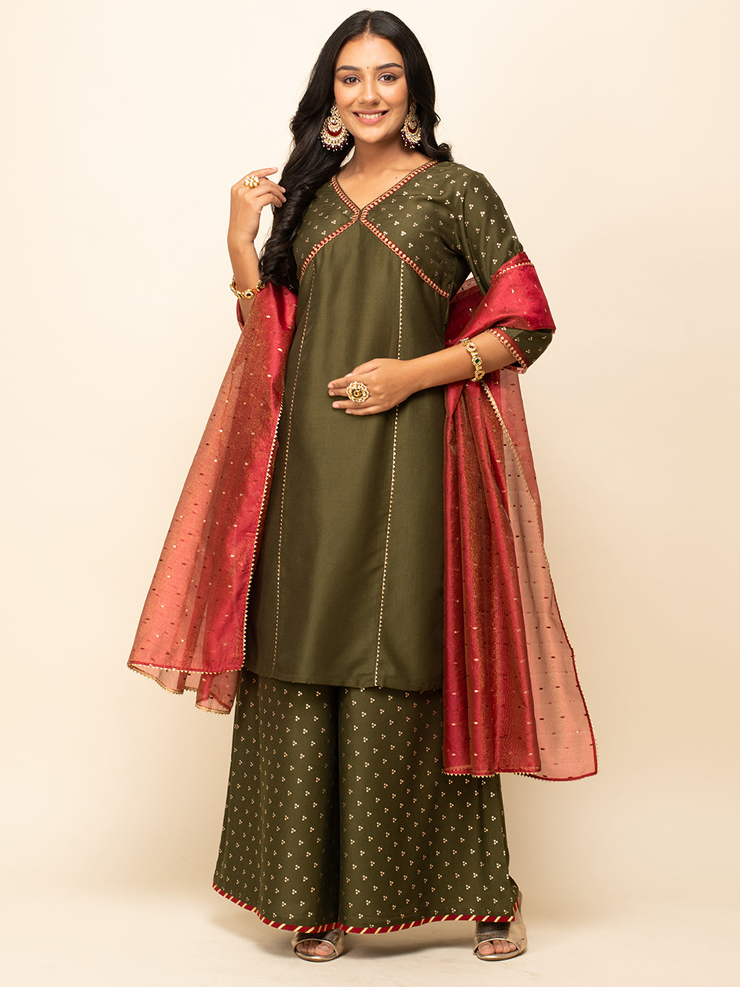 FIORRA Women's Green Silk Blend Straight Kurta With Palazzo And Dupatta