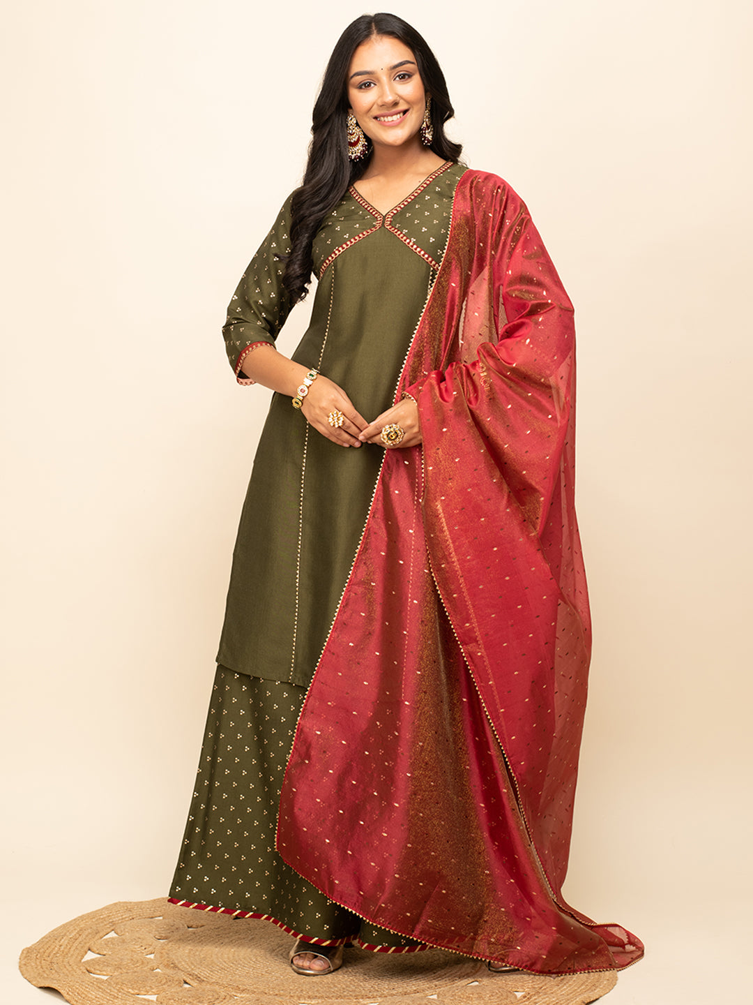 FIORRA Women's Green Silk Blend Straight Kurta With Palazzo And Dupatta