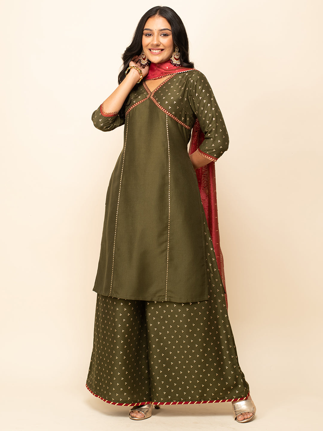 FIORRA Women's Green Silk Blend Straight Kurta With Palazzo And Dupatta