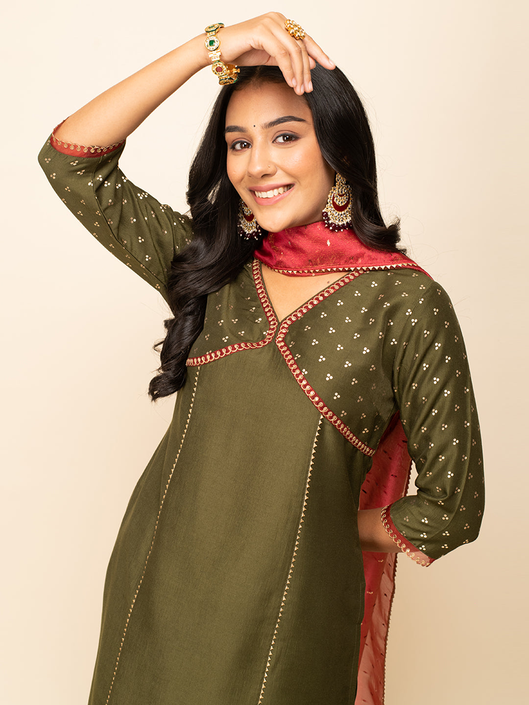 FIORRA Women's Green Silk Blend Straight Kurta With Palazzo And Dupatta
