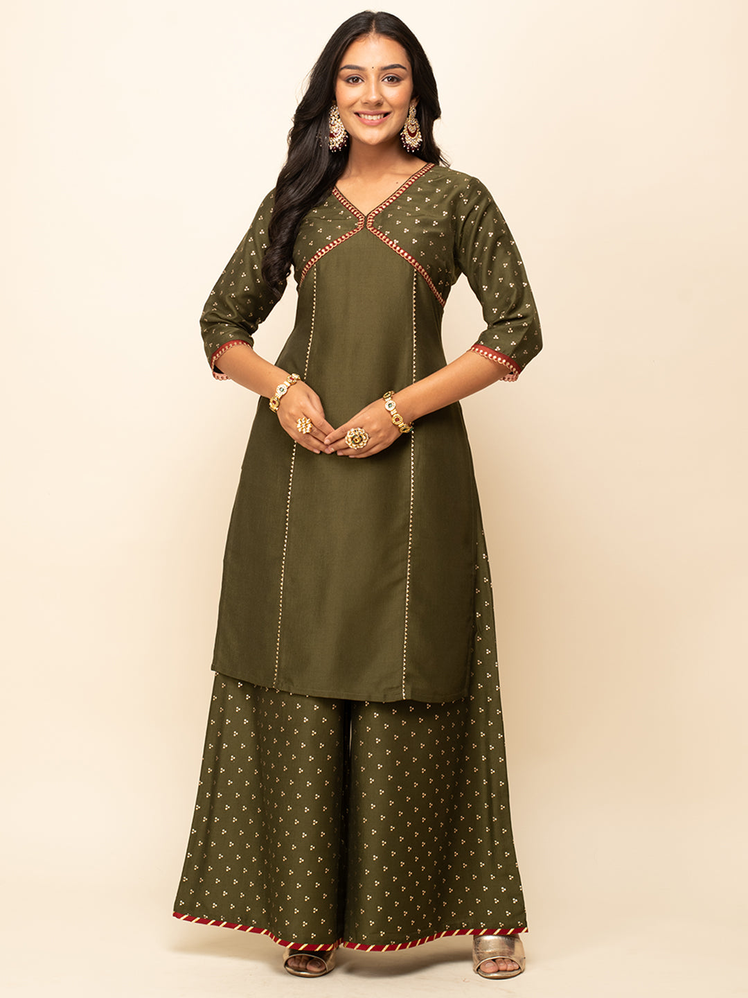 FIORRA Women's Green Silk Blend Straight Kurta With Palazzo And Dupatta