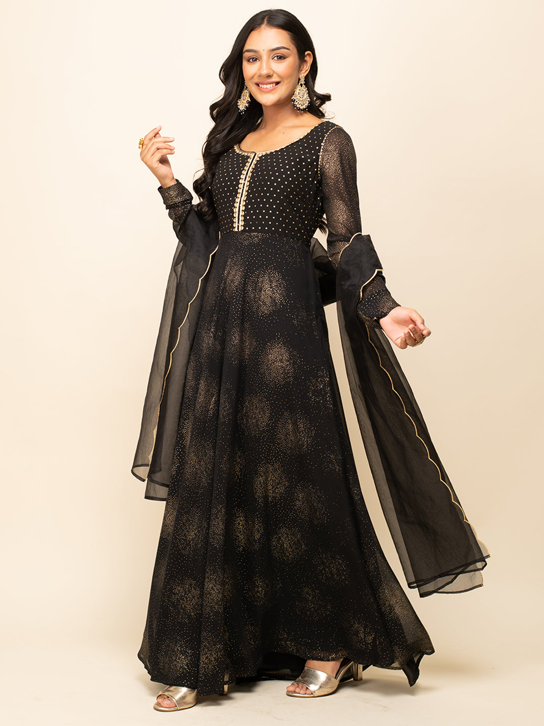 FIORRA Women's Black Georgette Printed Gown with dupatta