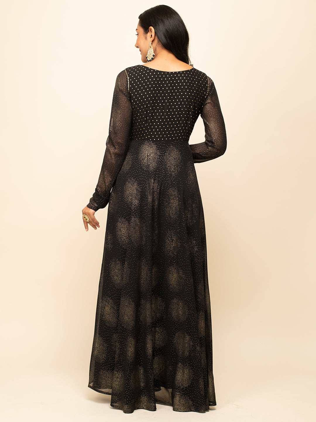 FIORRA Women's Black Georgette Printed Gown with dupatta