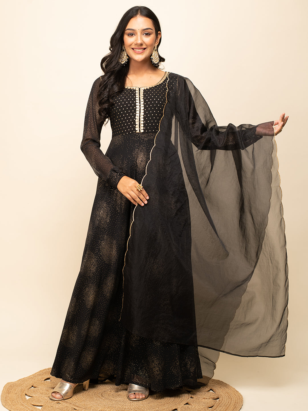 FIORRA Women's Black Georgette Printed Gown with dupatta