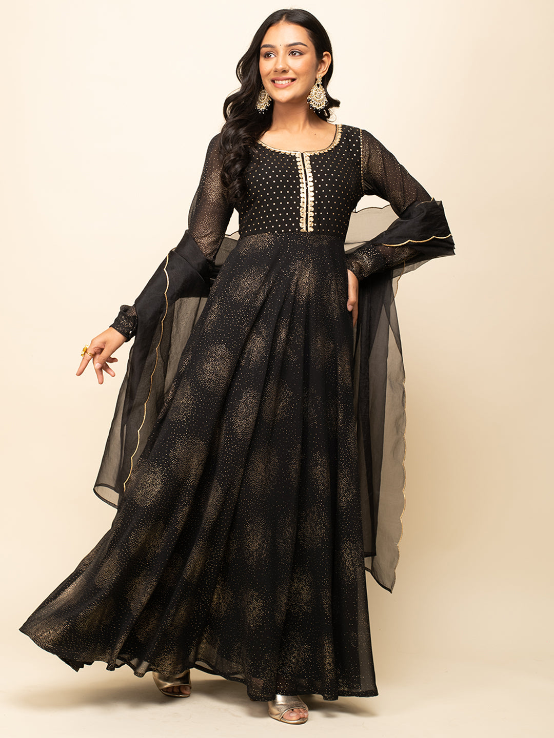 FIORRA Women's Black Georgette Printed Gown with dupatta