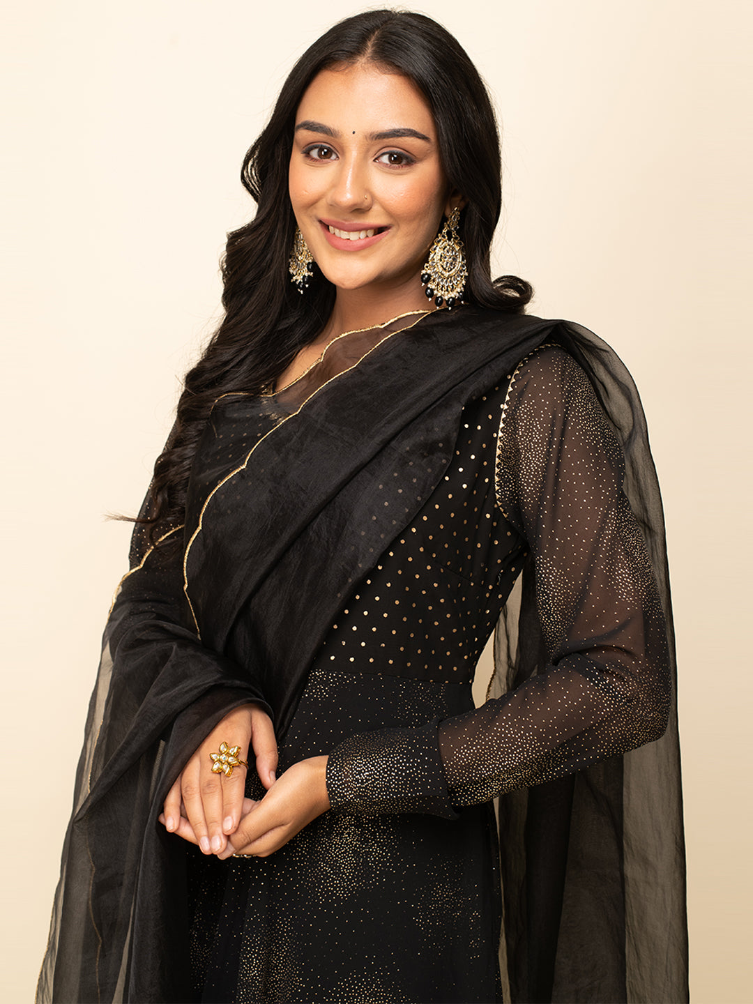 FIORRA Women's Black Georgette Printed Gown with dupatta