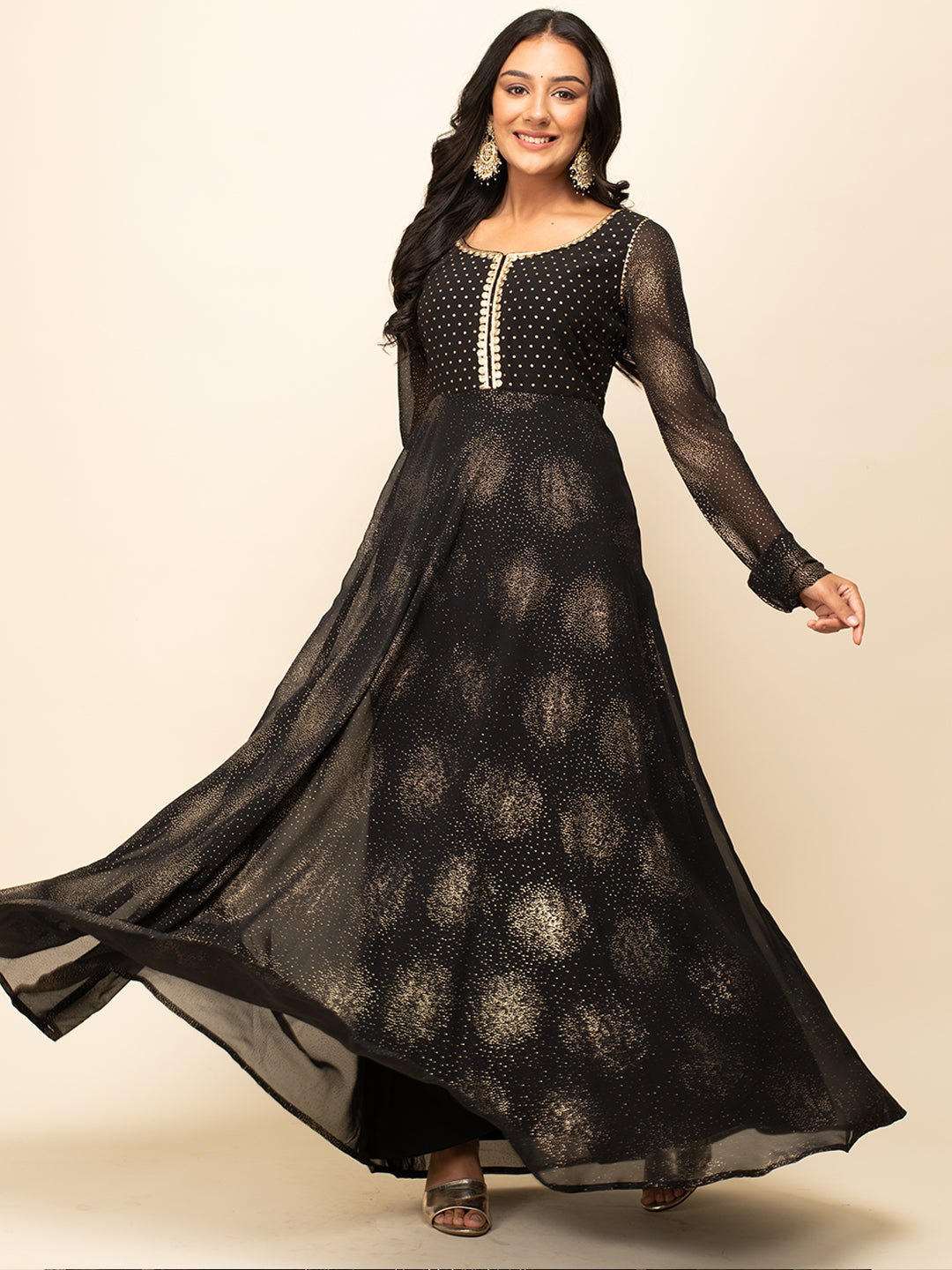 FIORRA Women's Black Georgette Printed Gown with dupatta