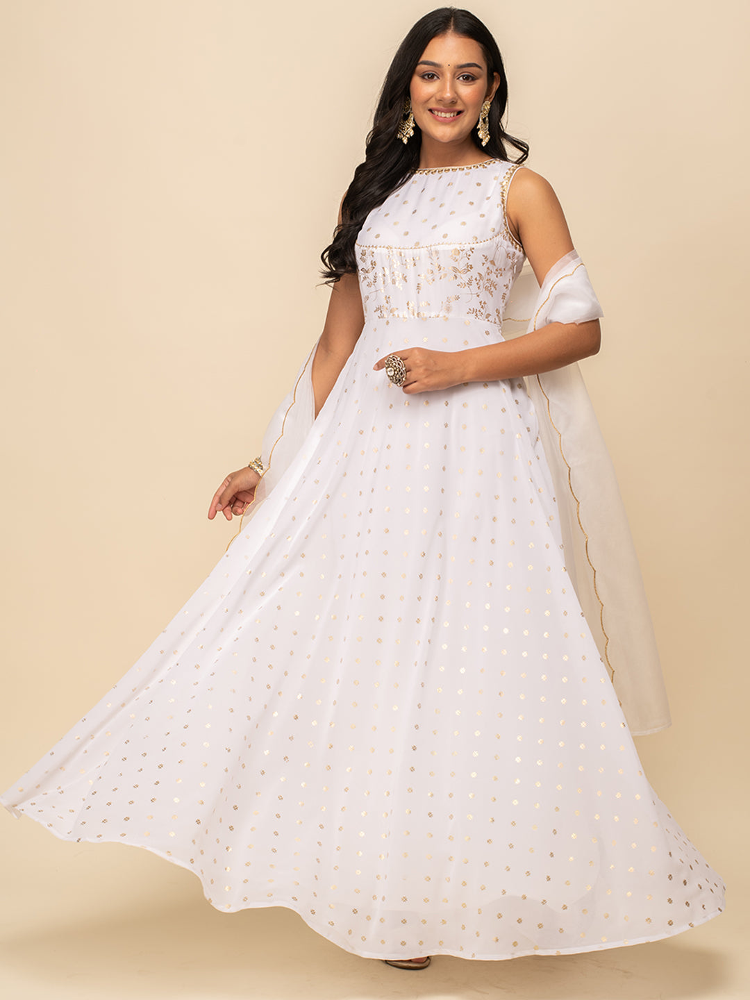 FIORRA Women's White Georgette Printed Gown With Dupatta