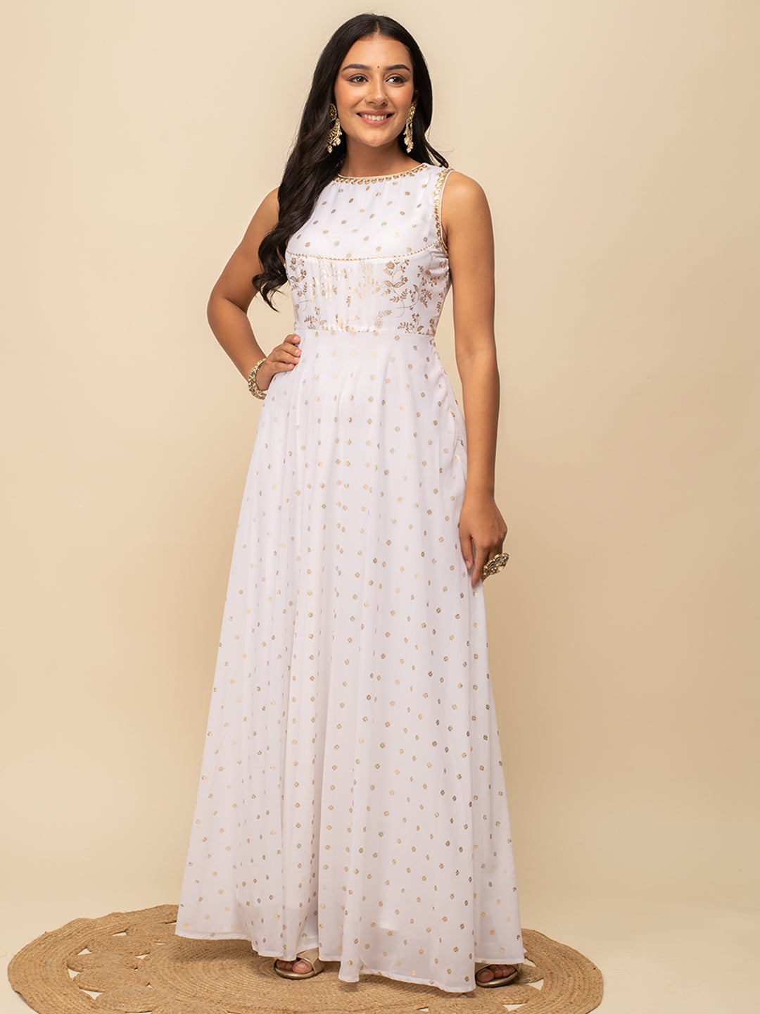 FIORRA Women's White Georgette Printed Gown With Dupatta