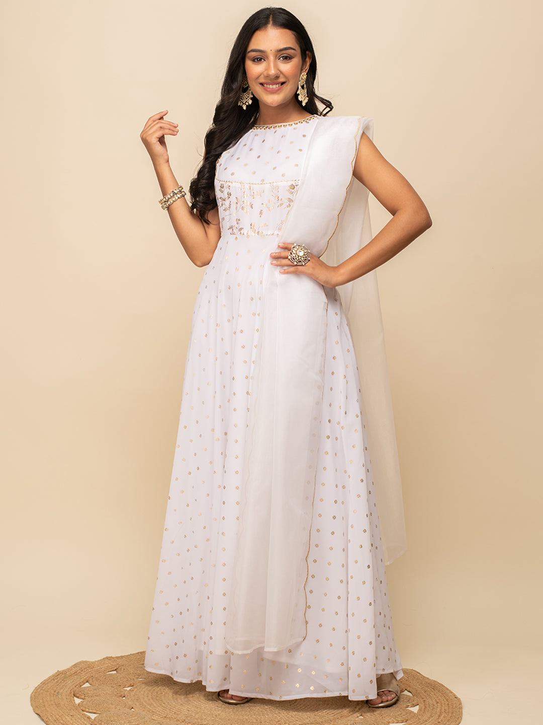 FIORRA Women's White Georgette Printed Gown With Dupatta