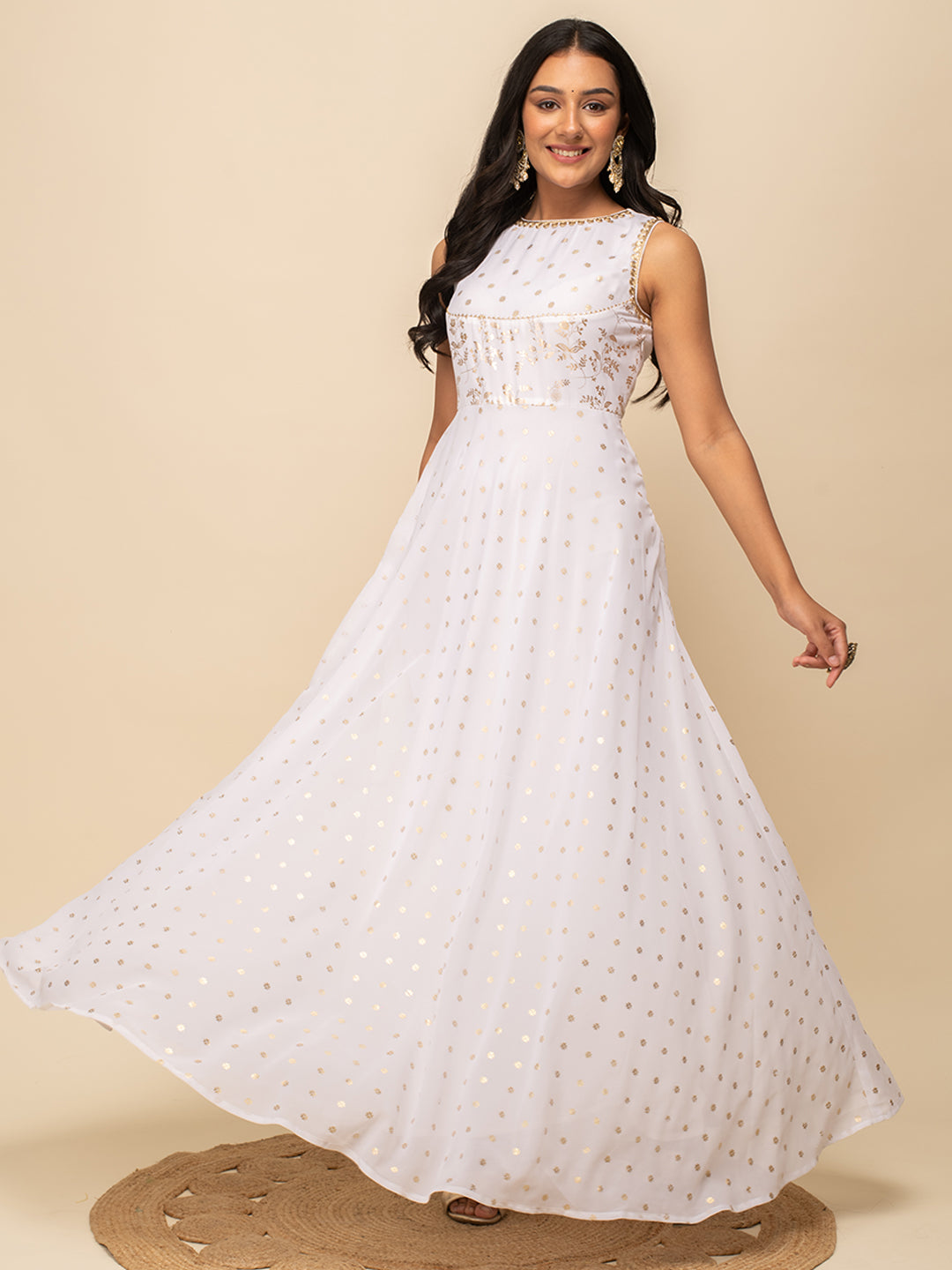 FIORRA Women's White Georgette Printed Gown With Dupatta