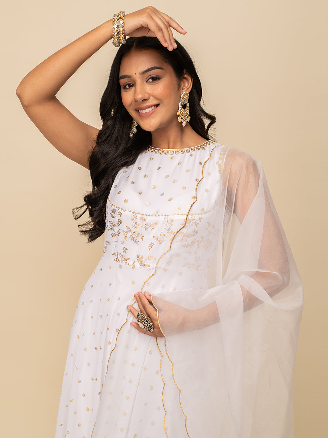 FIORRA Women's White Georgette Printed Gown With Dupatta