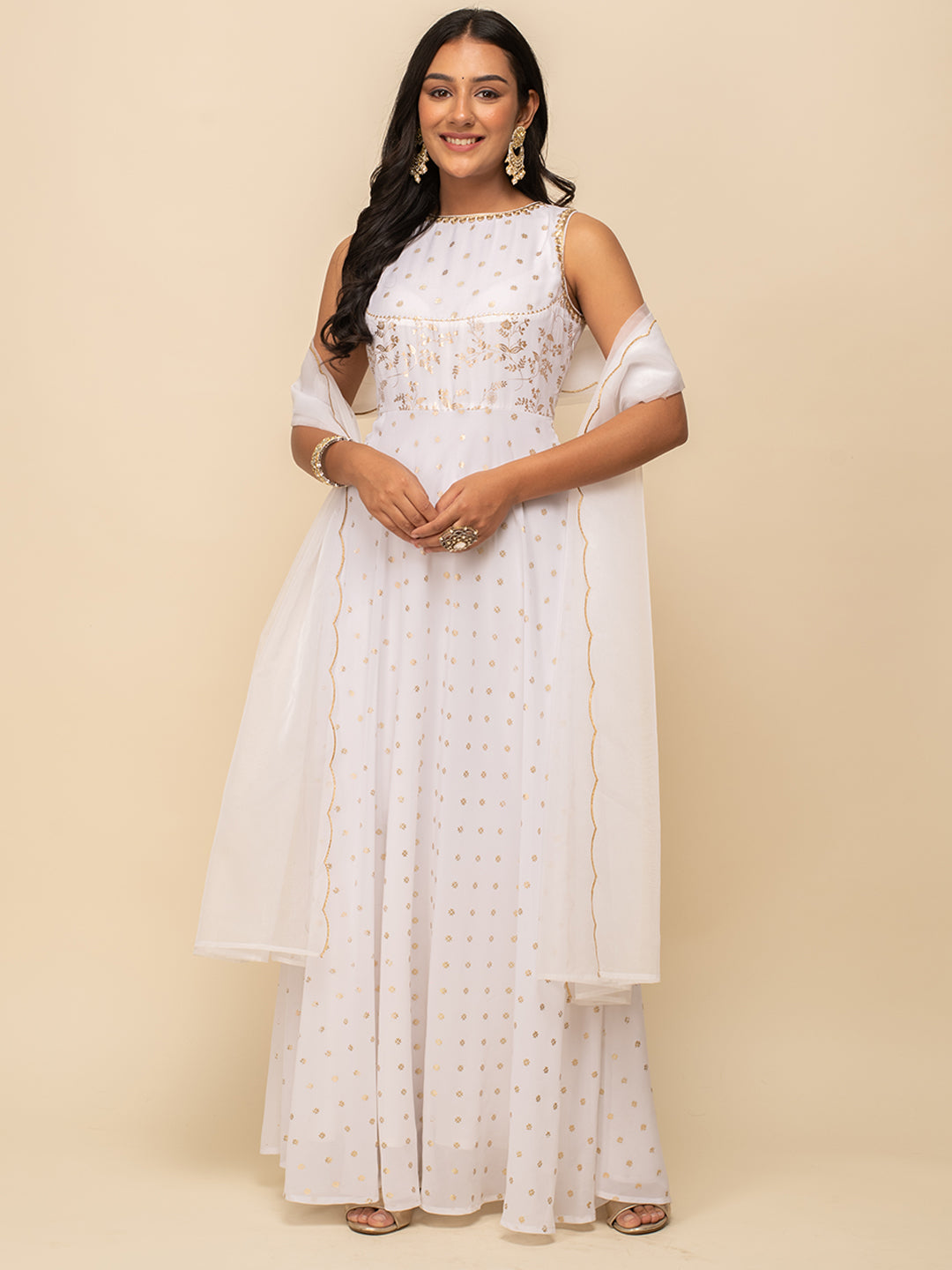 FIORRA Women's White Georgette Printed Gown With Dupatta