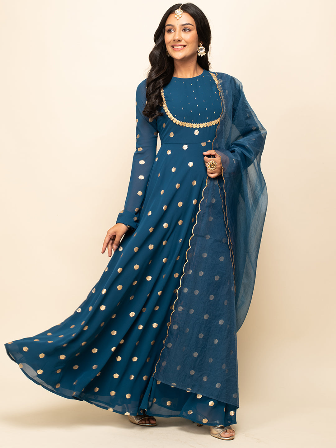 FIORRA Women's Teal Blue Georgette Printed Gown With Dupatta