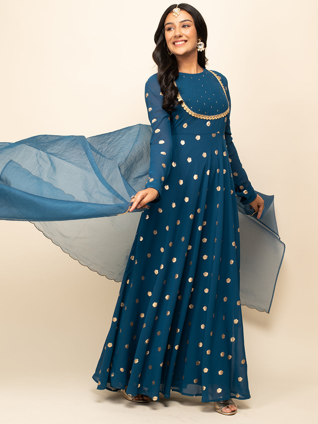 FIORRA Women's Teal Blue Georgette Printed Gown With Dupatta