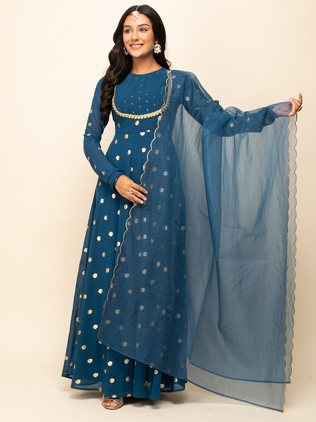 FIORRA Women's Teal Blue Georgette Printed Gown With Dupatta