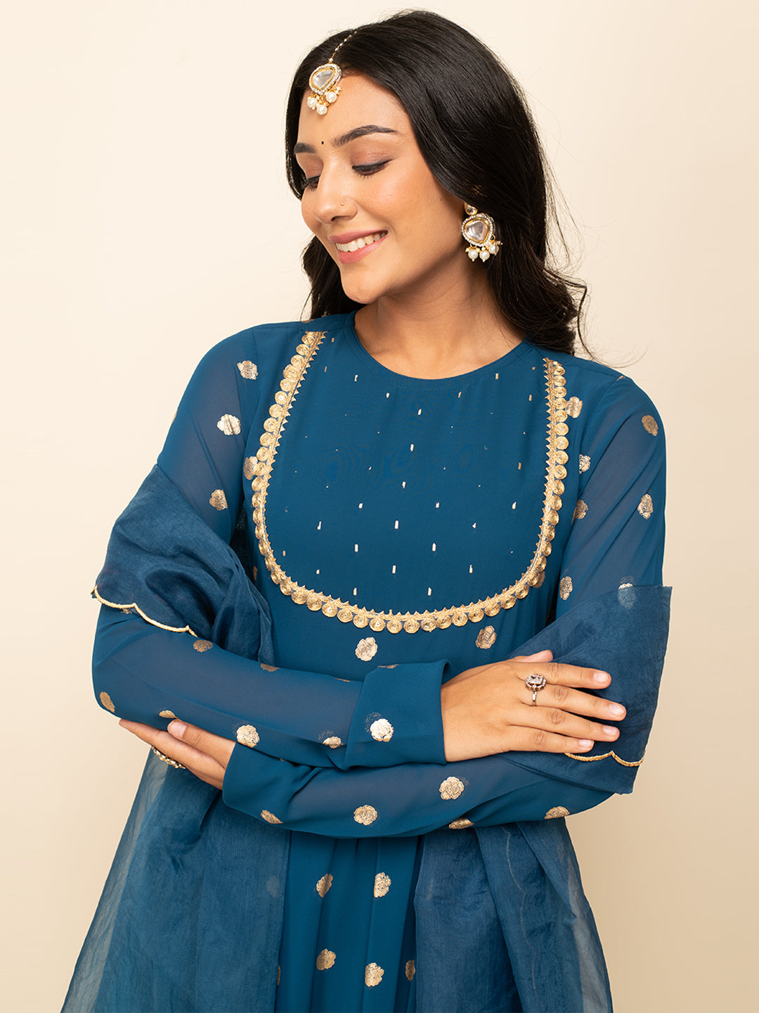 FIORRA Women's Teal Blue Georgette Printed Gown With Dupatta