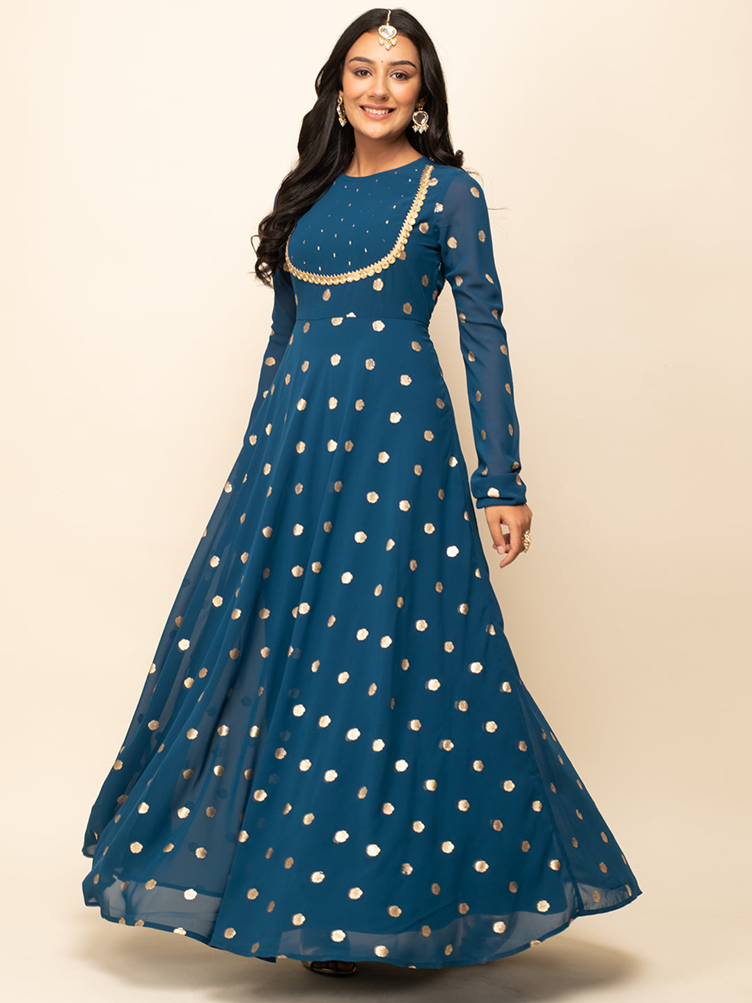 FIORRA Women's Teal Blue Georgette Printed Gown With Dupatta