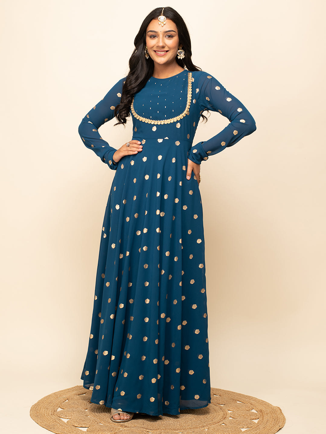 FIORRA Women's Teal Blue Georgette Printed Gown With Dupatta