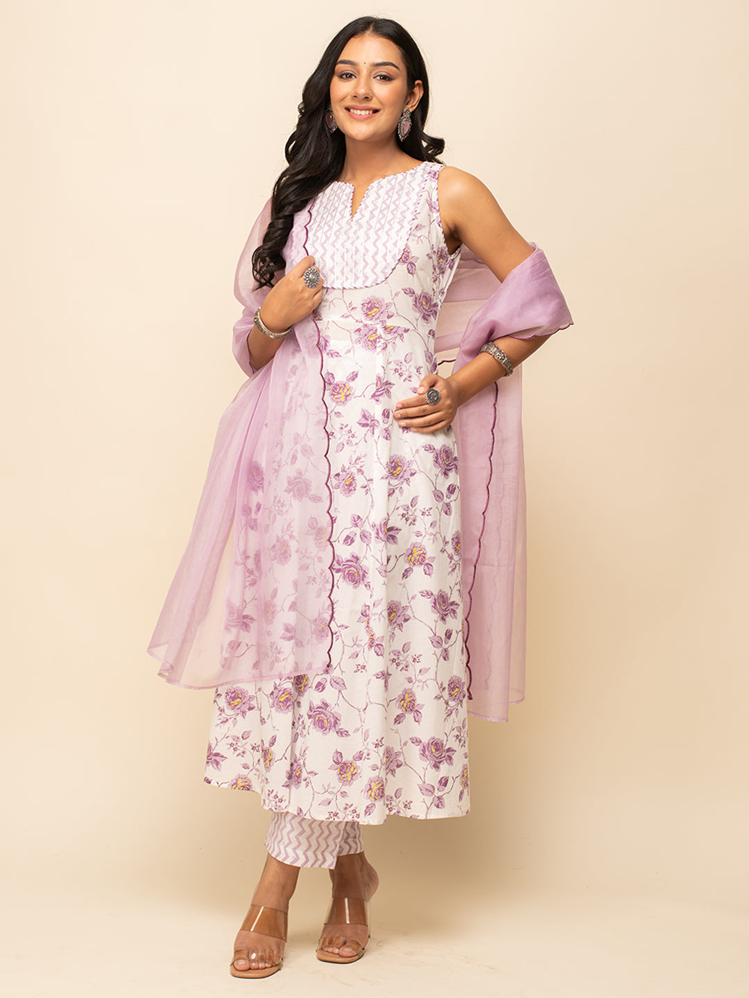 FIORRA Women's White Cotton A-line Kurta with Pant and Dupatta