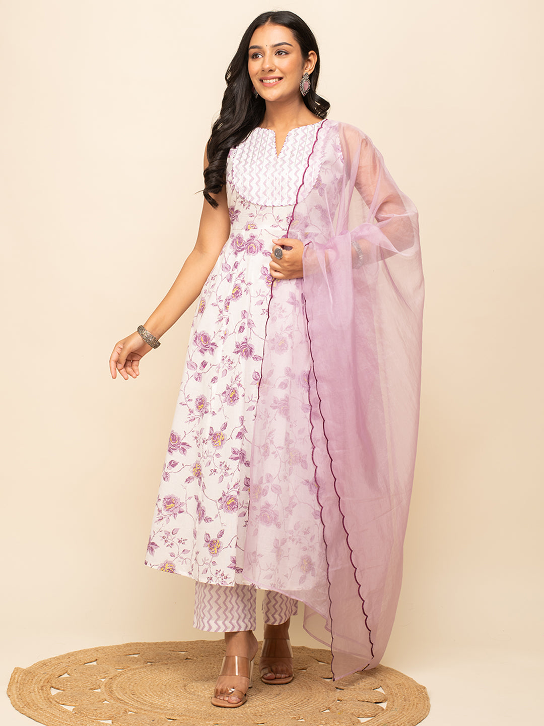 FIORRA Women's White Cotton A-line Kurta with Pant and Dupatta