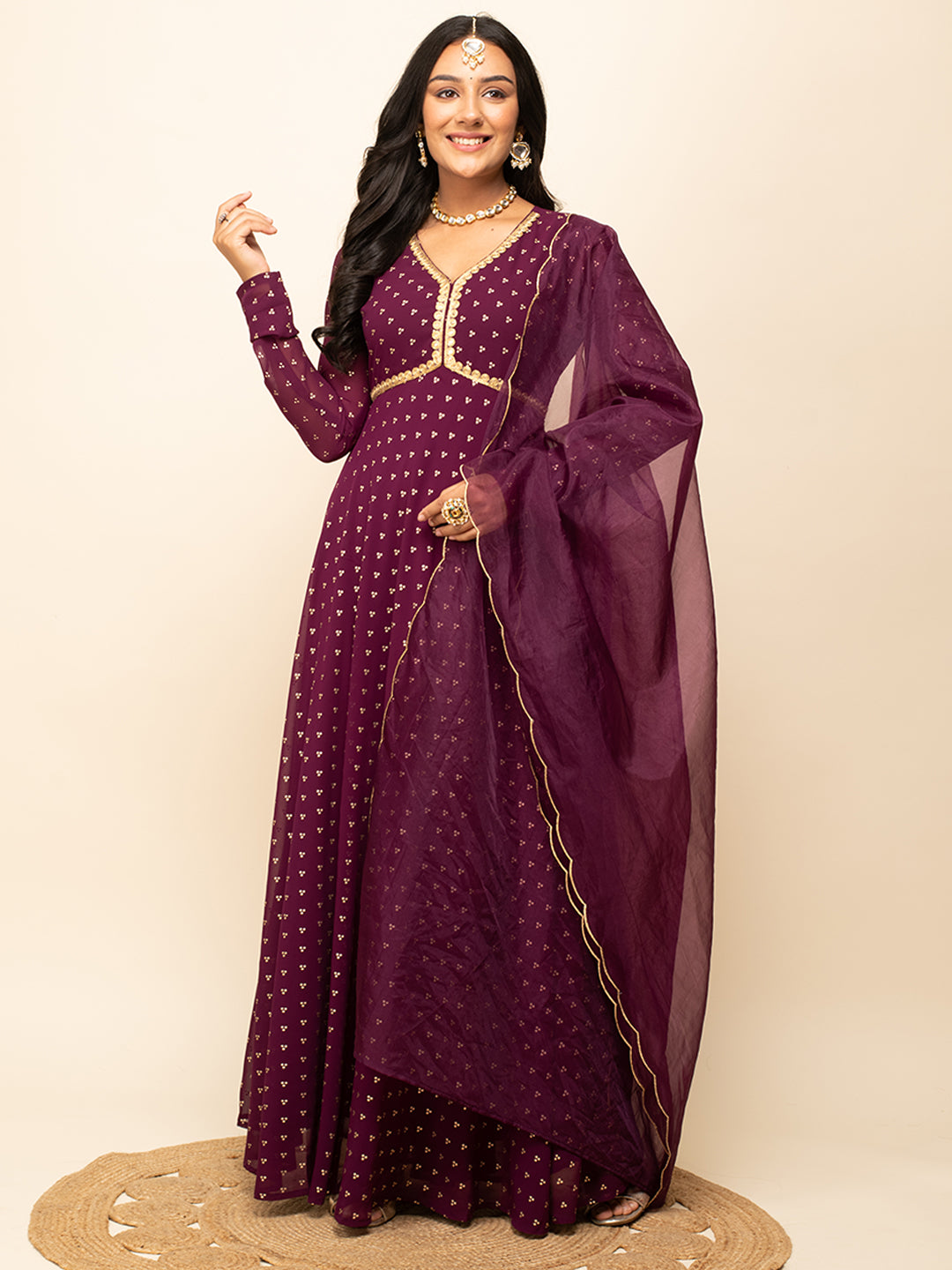 FIORRA Women's Wine Georgette Printed Gown With Dupatta