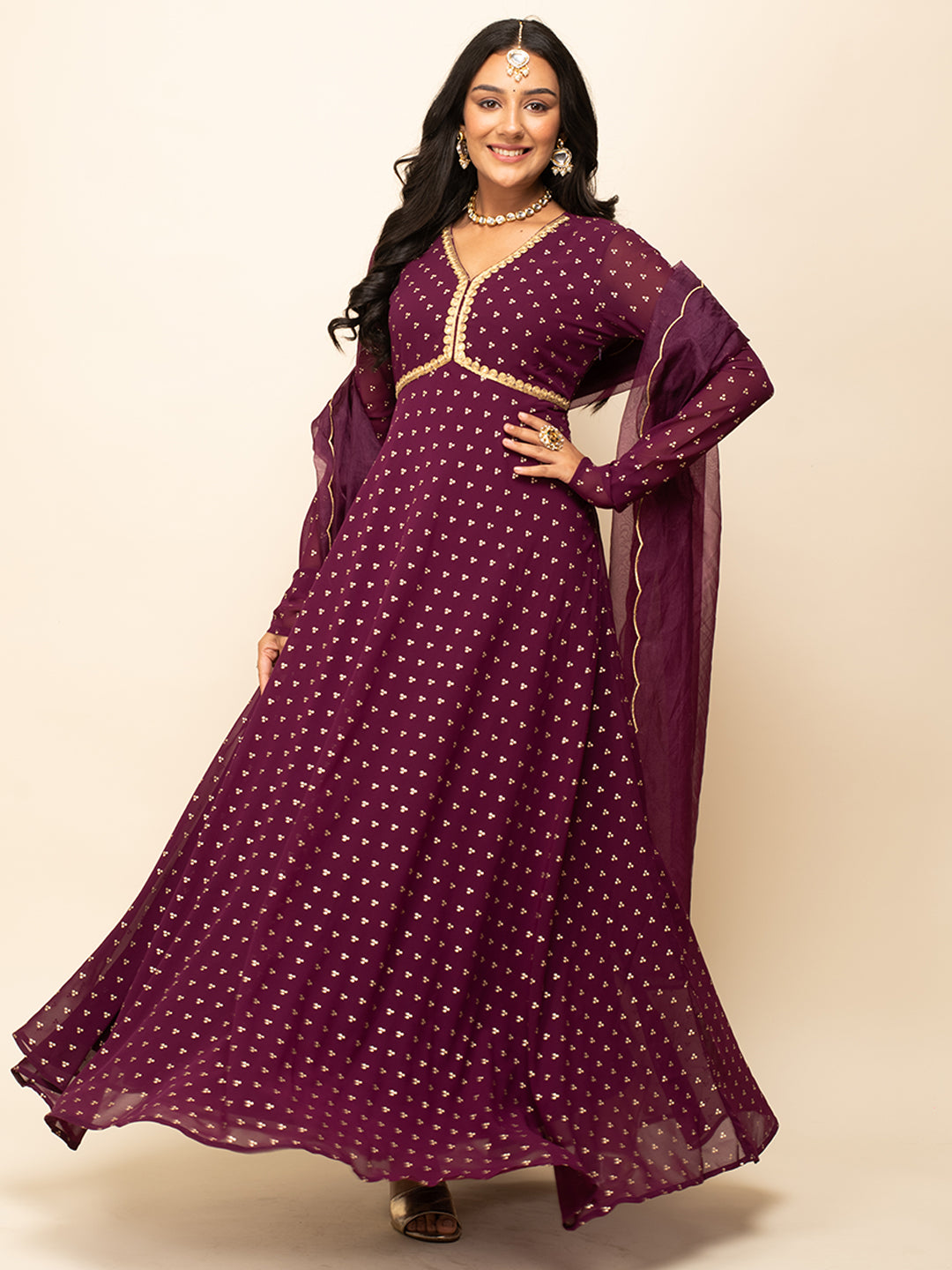 FIORRA Women's Wine Georgette Printed Gown With Dupatta