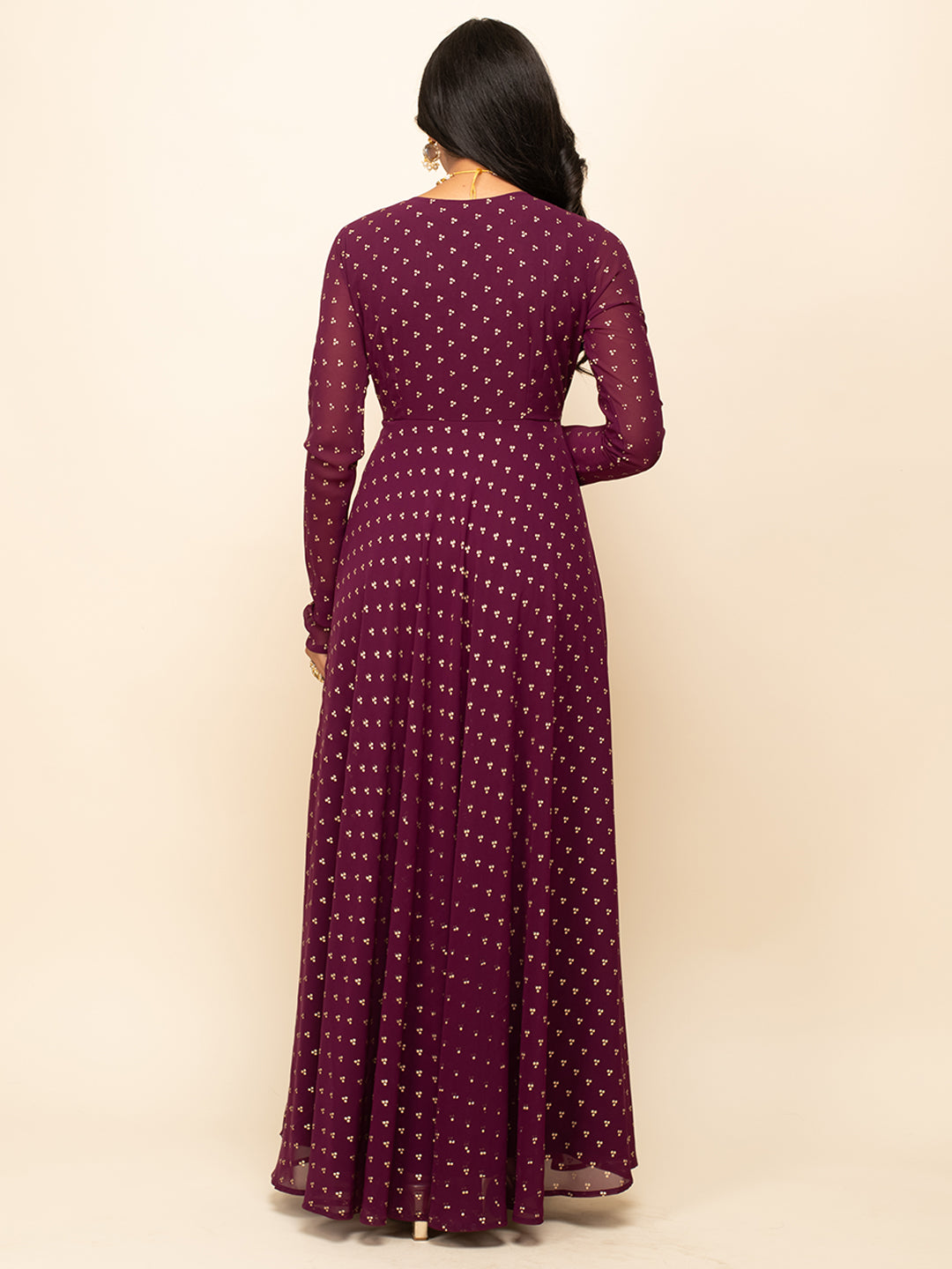 FIORRA Women's Wine Georgette Printed Gown With Dupatta