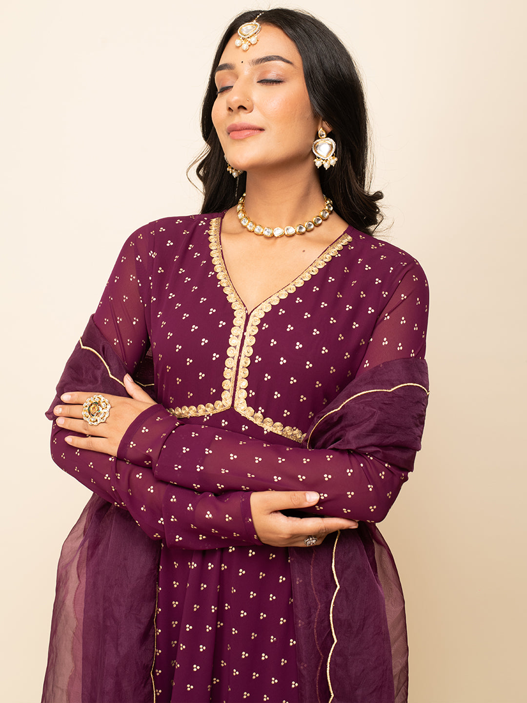 FIORRA Women's Wine Georgette Printed Gown With Dupatta