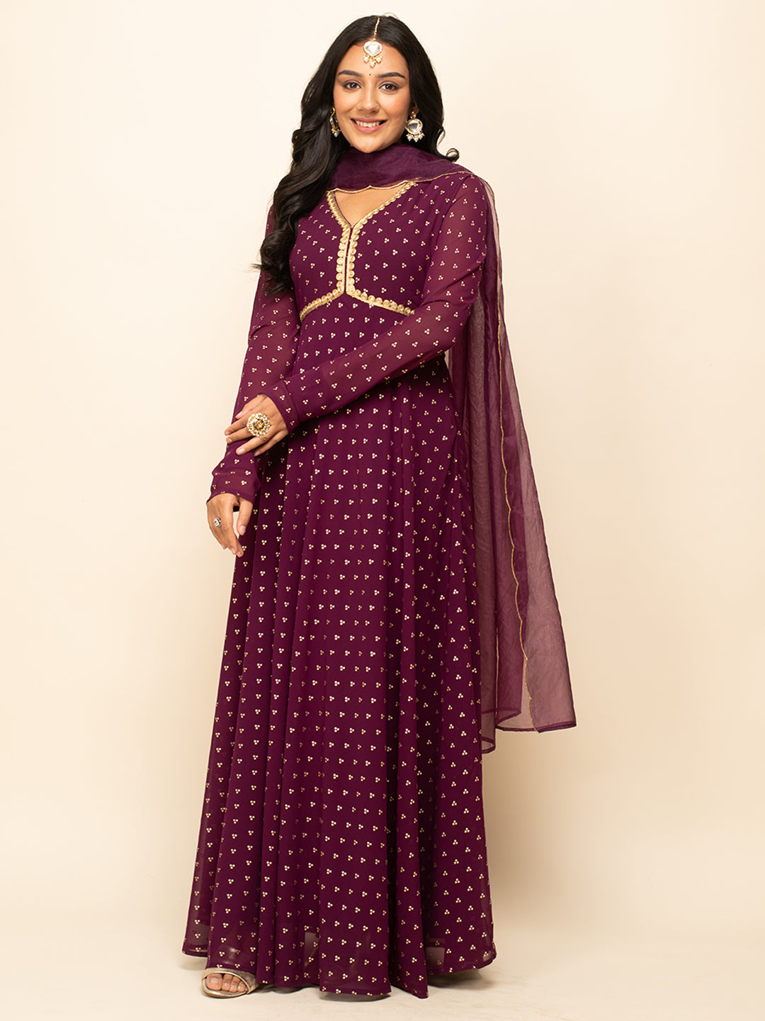 FIORRA Women's Wine Georgette Printed Gown With Dupatta