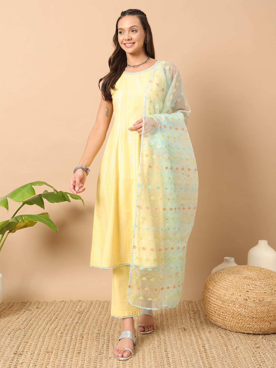 FIORRA Women's Light Yellow Lurex Cotton A-Line Kurta and Pant With Dupatta