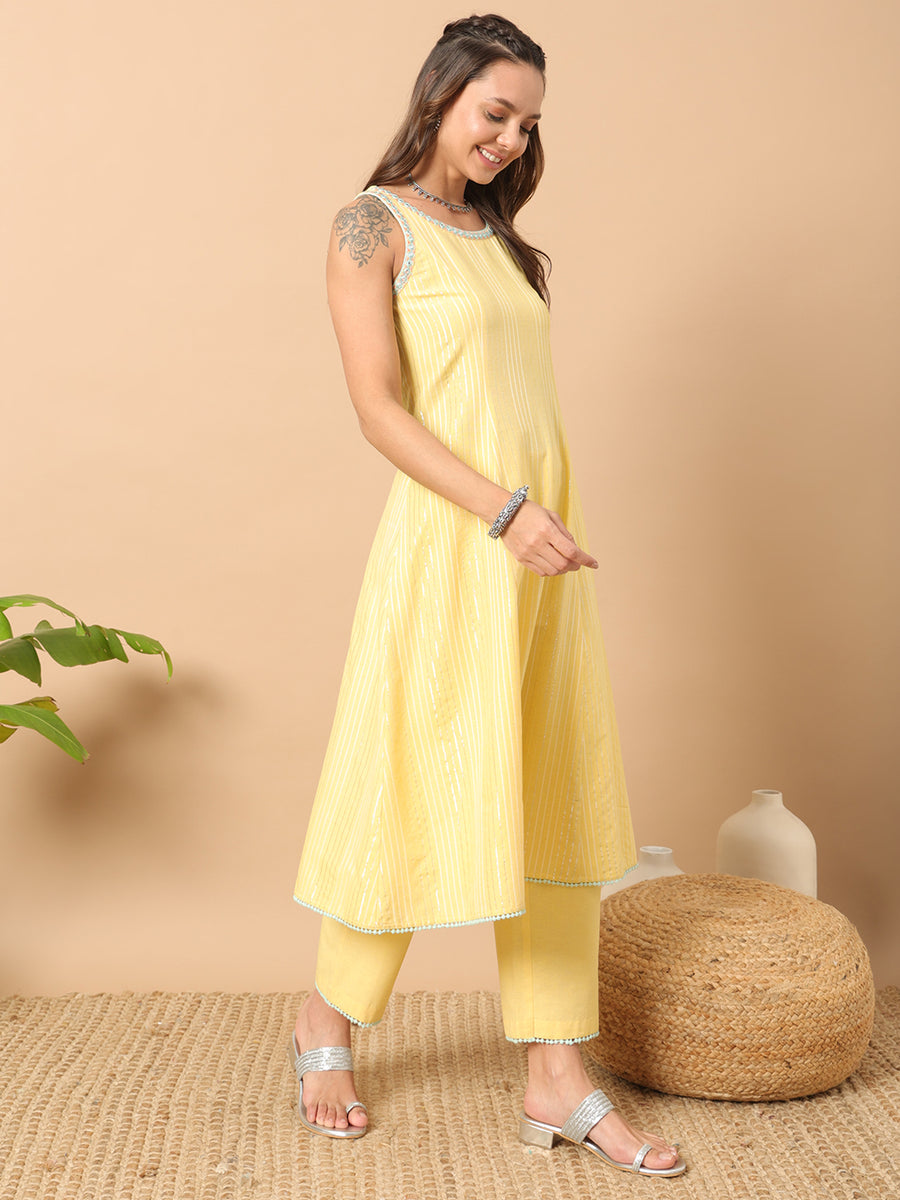 FIORRA Women's Pure Cotton Flared Kurta With Pant Set - Light Blue Printed Indian Ethnic Wear