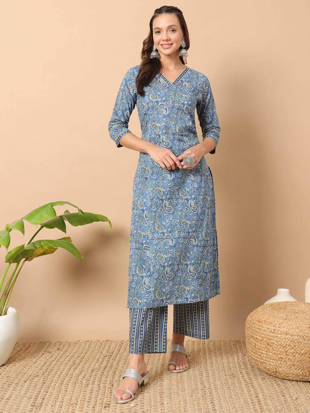 FIORRA Women's Light Blue Cotton Straight Kurta Set