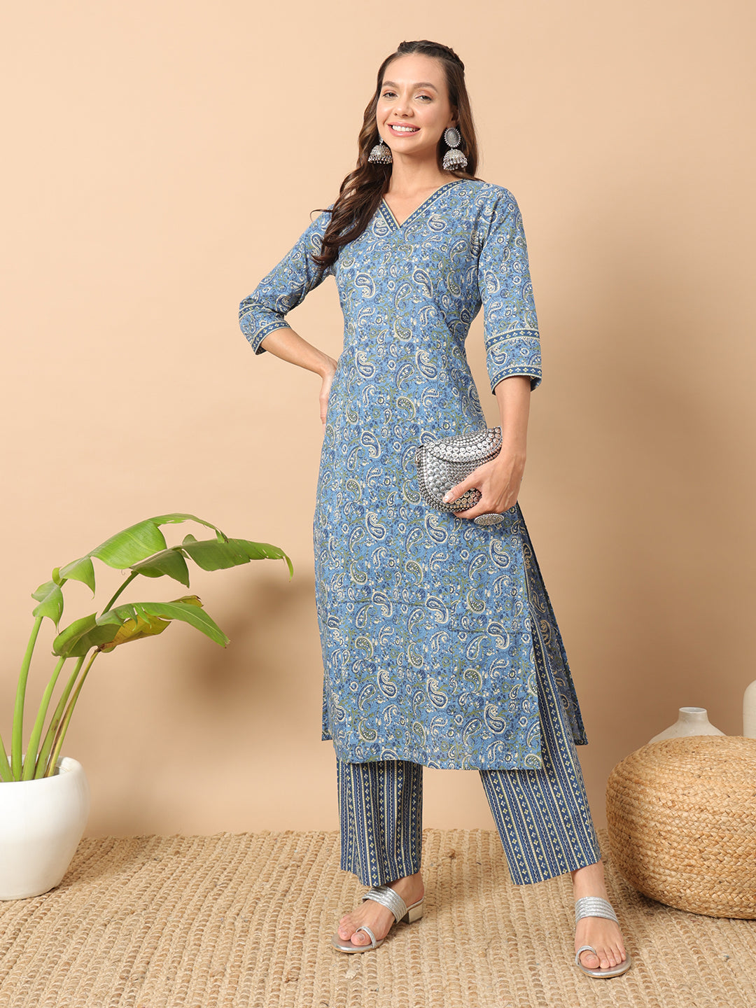 FIORRA Women's Light Blue Cotton Straight Kurta Set