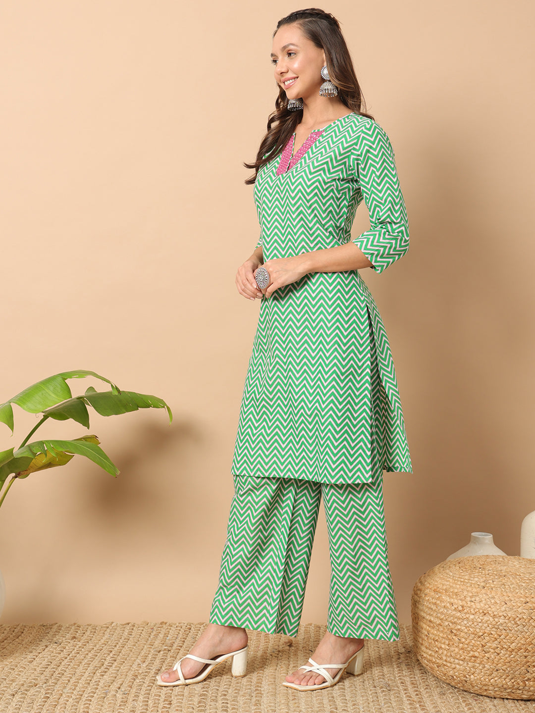 FIORRA Women's Sea Green Cotton Straight Kurta Set