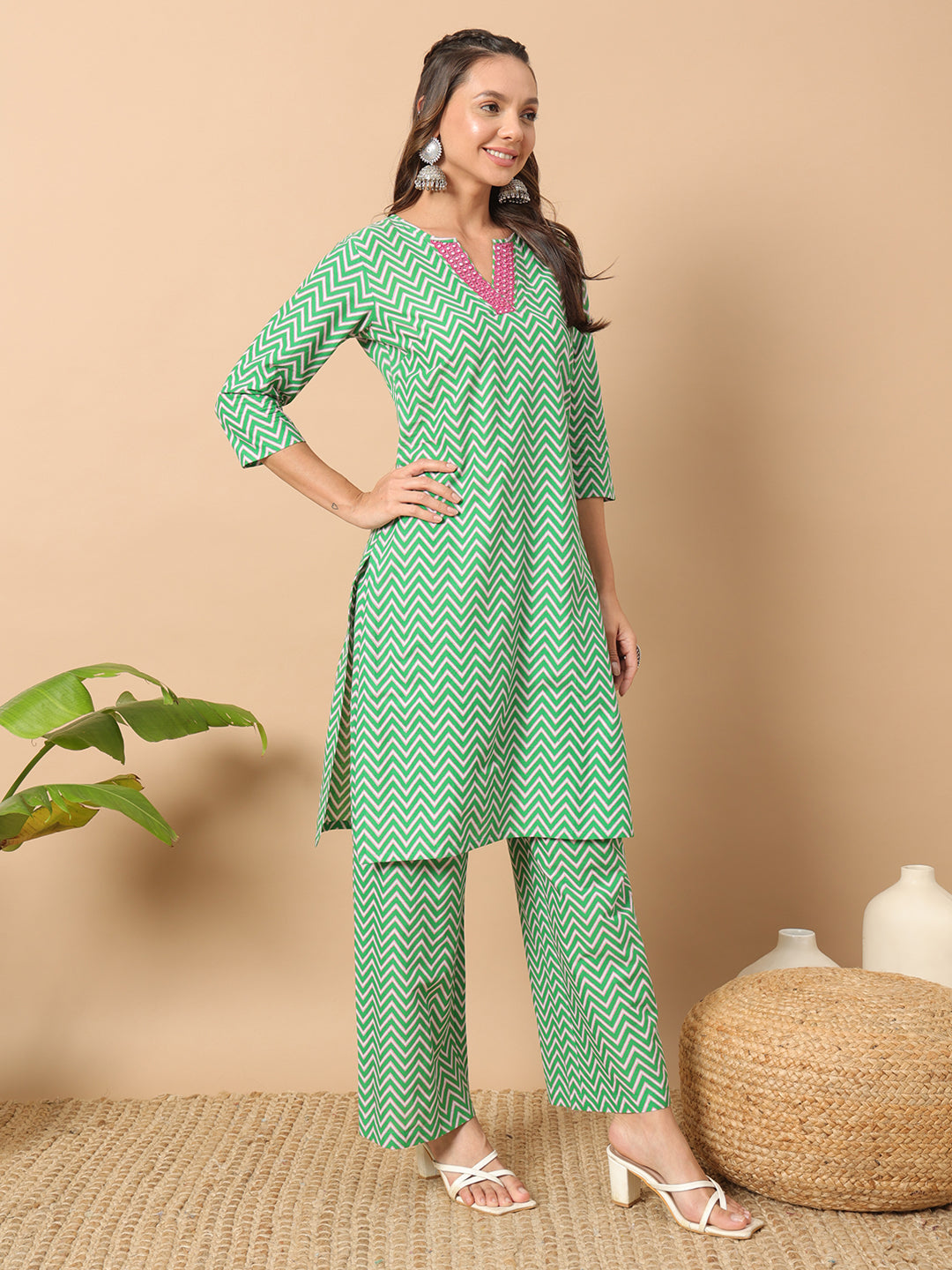 FIORRA Women's Sea Green Cotton Straight Kurta Set