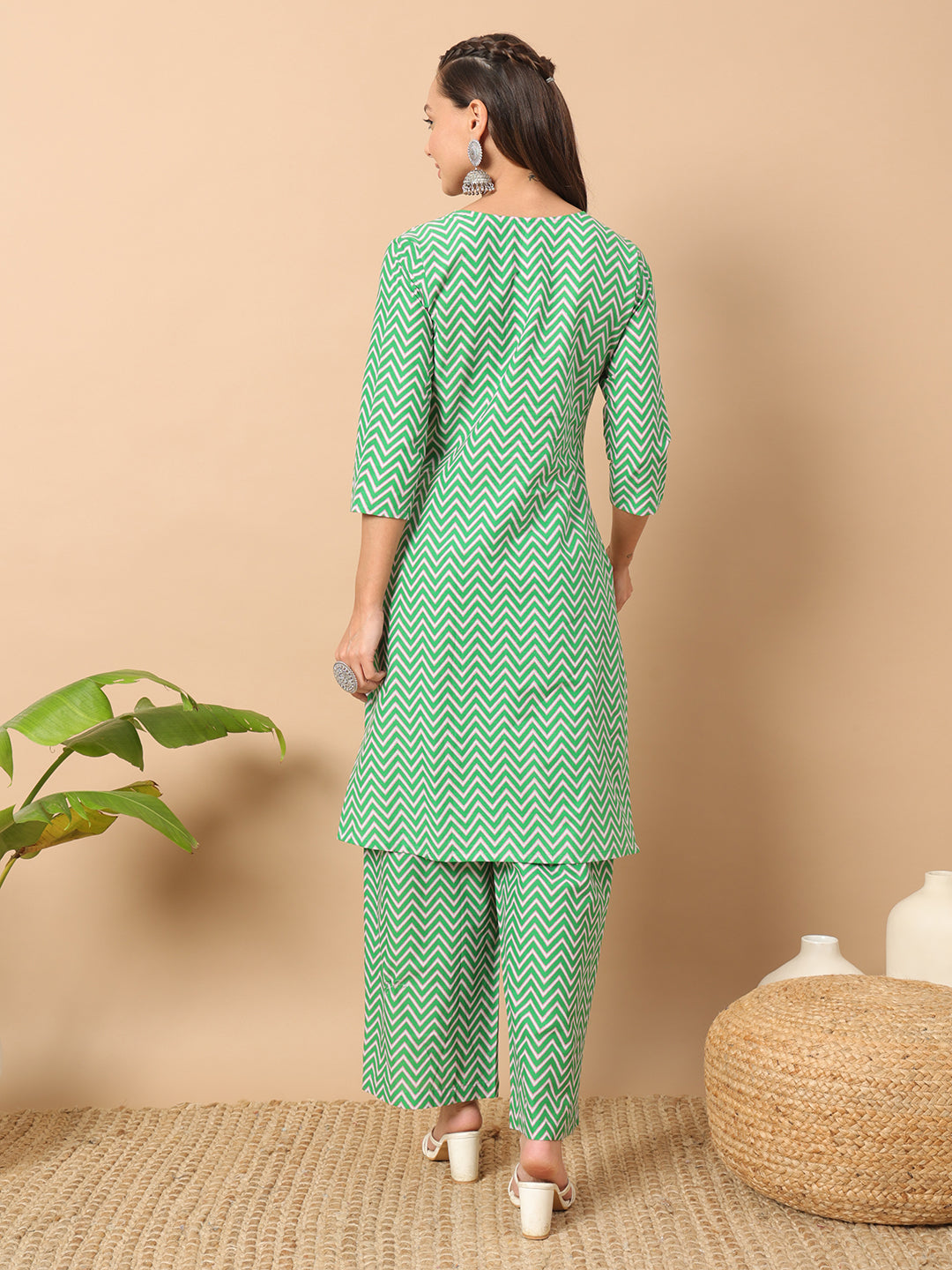 FIORRA Women's Sea Green Cotton Straight Kurta Set