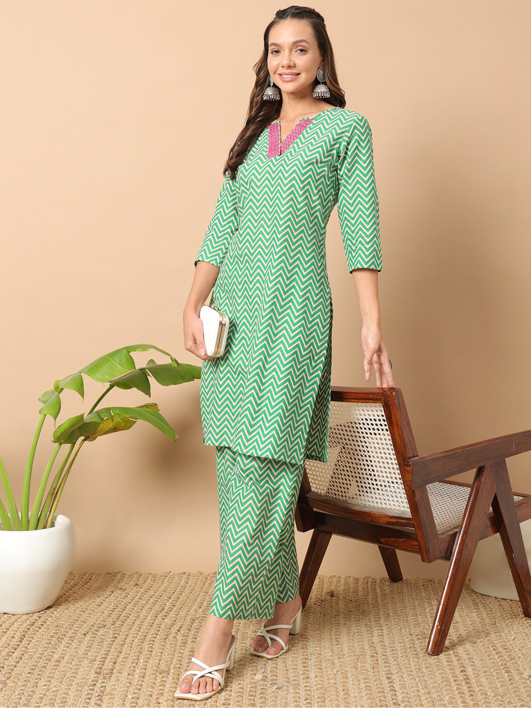 FIORRA Women's Sea Green Cotton Straight Kurta Set
